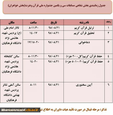 جدول زمان بندی بخش شفاهی سی ویکمین جشنواره ملی قران وعترت