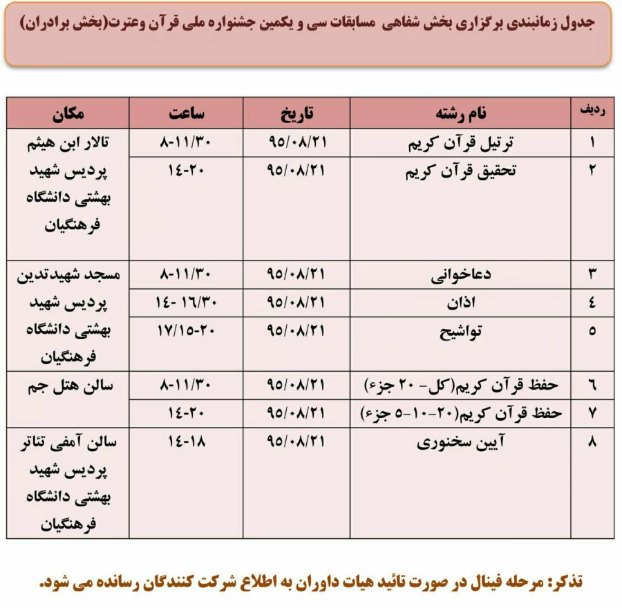 جدول زمان بندی بخش شفاهی سی ویکمین جشنواره ملی قران وعترت