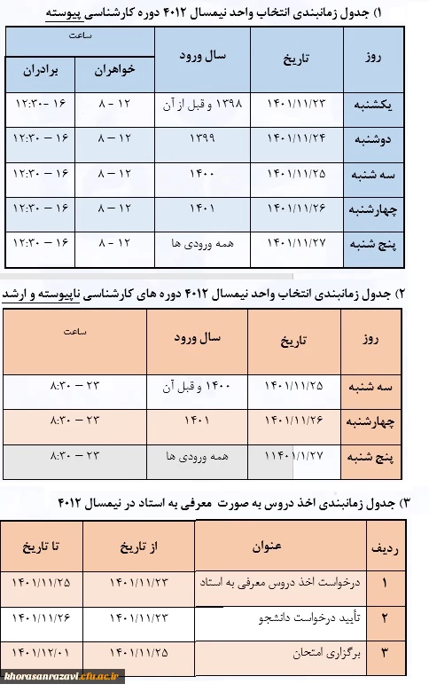 زمانبندی انتخاب واحد دانشجویان مقاطع مختلف تحصیلی در نیمسال دوم سال تحصیلی 1402-1401
 2