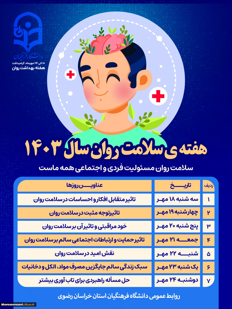 هفته سلامت روان از ۱۸ الی ۲۴ مهرماه ۱۴۰۳ با شعار اولویت امروز، سلامت روان در محیط کار  بر تلاشگران و دغدغه مندان سلامت روان بویژه استادان، دانشجویان و متخصصان علم روانشناسی گرامی باد. 2