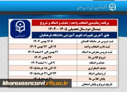 آخرین تغییرات تقویم آموزشی نیمسال دوم سال تحصیلی ۱۴۰۵-۱۴۰۴ دانشگاه فرهنگیان اعلام شد 

بر این اساس آخرین تغییرات تقویم آموزشی دانشگاه فرهنگیان،برنامه زمانبندی انتخاب واحد، حذف و اضافه و شروع	کلاسهای  نیمسال دوم سال تحصیلی ۱۴۰۵-۱۴۰۴ به شرح زیر اعلام شد: