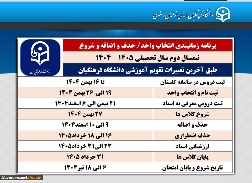 آخرین تغییرات تقویم آموزشی نیمسال دوم سال تحصیلی ۱۴۰۵-۱۴۰۴ دانشگاه فرهنگیان اعلام شد 

بر این اساس آخرین تغییرات تقویم آموزشی دانشگاه فرهنگیان،برنامه زمانبندی انتخاب واحد، حذف و اضافه و شروع	کلاسهای  نیمسال دوم سال تحصیلی ۱۴۰۵-۱۴۰۴ به شرح زیر اعلام شد: